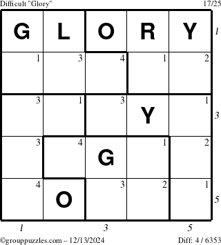 The grouppuzzles.com Difficult Glory puzzle for Friday December 13, 2024 with all 4 steps marked