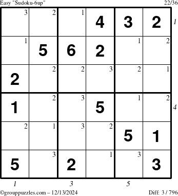 The grouppuzzles.com Easy Sudoku-6up puzzle for Friday December 13, 2024, suitable for printing, with all 3 steps marked