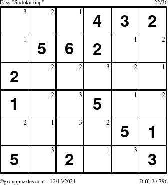 The grouppuzzles.com Easy Sudoku-6up puzzle for Friday December 13, 2024 with the first 3 steps marked