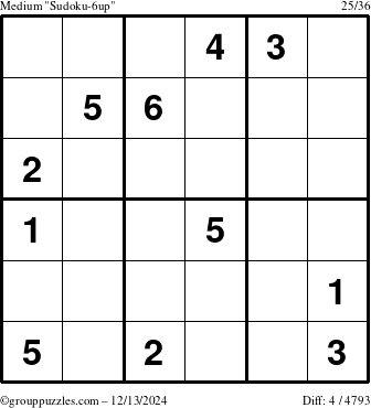 The grouppuzzles.com Medium Sudoku-6up puzzle for Friday December 13, 2024