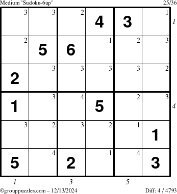 The grouppuzzles.com Medium Sudoku-6up puzzle for Friday December 13, 2024 with all 4 steps marked