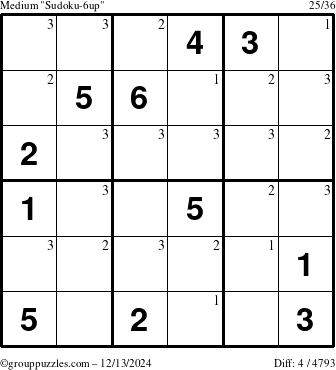 The grouppuzzles.com Medium Sudoku-6up puzzle for Friday December 13, 2024 with the first 3 steps marked