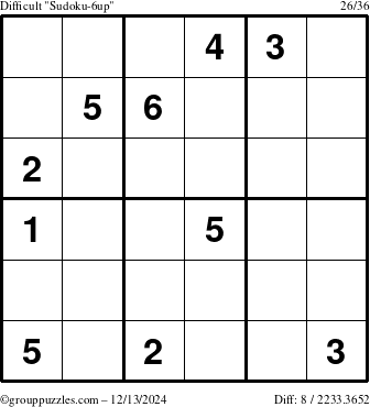 The grouppuzzles.com Difficult Sudoku-6up puzzle for Friday December 13, 2024