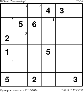 The grouppuzzles.com Difficult Sudoku-6up puzzle for Friday December 13, 2024 with the first 3 steps marked