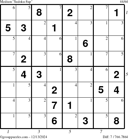 The grouppuzzles.com Medium Sudoku-8up puzzle for Friday December 13, 2024 with all 7 steps marked