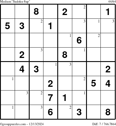 The grouppuzzles.com Medium Sudoku-8up puzzle for Friday December 13, 2024 with the first 3 steps marked