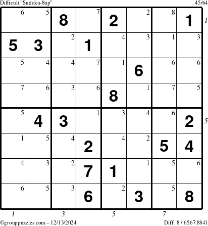 The grouppuzzles.com Difficult Sudoku-8up puzzle for Friday December 13, 2024 with all 8 steps marked