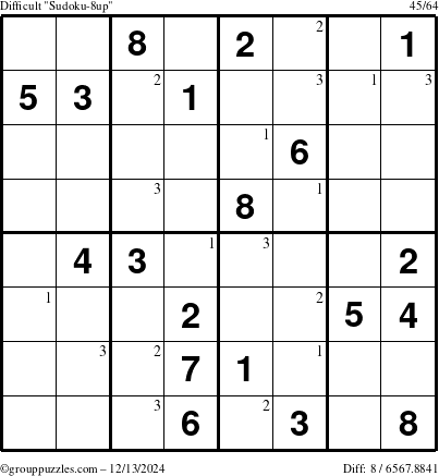 The grouppuzzles.com Difficult Sudoku-8up puzzle for Friday December 13, 2024 with the first 3 steps marked