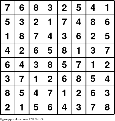 The grouppuzzles.com Answer grid for the Sudoku-8up puzzle for Friday December 13, 2024