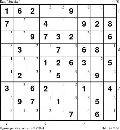 The grouppuzzles.com Easy Sudoku puzzle for Friday December 13, 2024 with all 4 steps marked