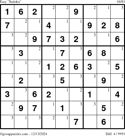 The grouppuzzles.com Easy Sudoku puzzle for Friday December 13, 2024 with the first 3 steps marked