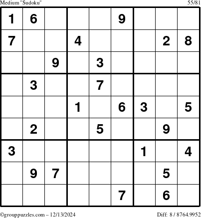 The grouppuzzles.com Medium Sudoku puzzle for Friday December 13, 2024