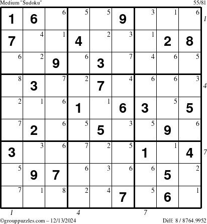 The grouppuzzles.com Medium Sudoku puzzle for Friday December 13, 2024 with all 8 steps marked