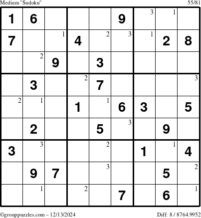 The grouppuzzles.com Medium Sudoku puzzle for Friday December 13, 2024 with the first 3 steps marked