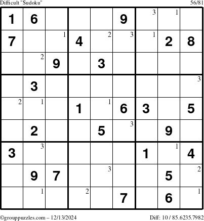 The grouppuzzles.com Difficult Sudoku puzzle for Friday December 13, 2024 with the first 3 steps marked