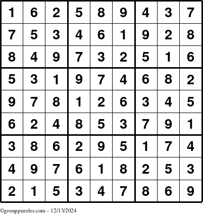 The grouppuzzles.com Answer grid for the Sudoku puzzle for Friday December 13, 2024