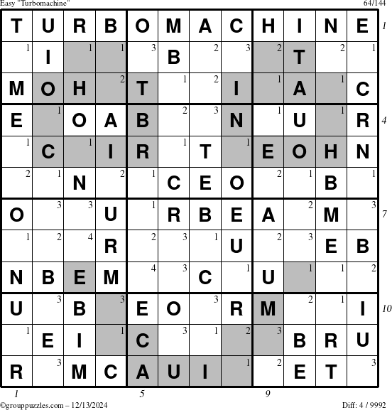 The grouppuzzles.com Easy Turbomachine puzzle for Friday December 13, 2024 with all 4 steps marked