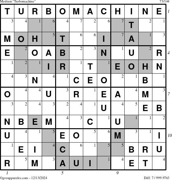 The grouppuzzles.com Medium Turbomachine puzzle for Friday December 13, 2024 with all 7 steps marked