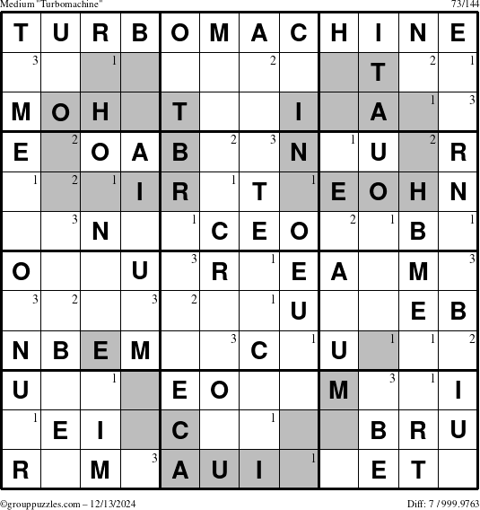 The grouppuzzles.com Medium Turbomachine puzzle for Friday December 13, 2024 with the first 3 steps marked