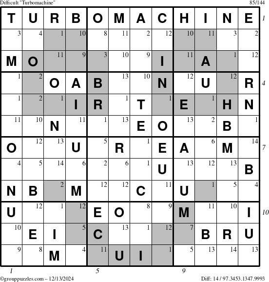 The grouppuzzles.com Difficult Turbomachine puzzle for Friday December 13, 2024 with all 14 steps marked