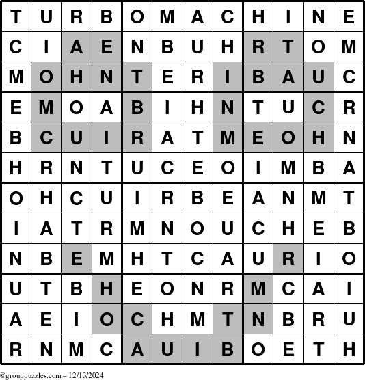 The grouppuzzles.com Answer grid for the Turbomachine puzzle for Friday December 13, 2024