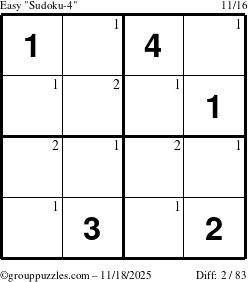 The grouppuzzles.com Easy Sudoku-4 puzzle for Tuesday November 18, 2025 with the first 2 steps marked