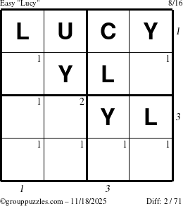 The grouppuzzles.com Easy Lucy puzzle for Tuesday November 18, 2025 with all 2 steps marked