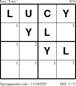 The grouppuzzles.com Easy Lucy puzzle for Tuesday November 18, 2025 with the first 2 steps marked