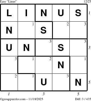 The grouppuzzles.com Easy Linus puzzle for Tuesday November 18, 2025 with all 3 steps marked