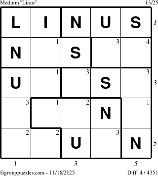 The grouppuzzles.com Medium Linus puzzle for Tuesday November 18, 2025, suitable for printing, with all 4 steps marked