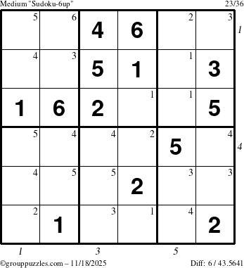 The grouppuzzles.com Medium Sudoku-6up puzzle for Tuesday November 18, 2025 with all 6 steps marked