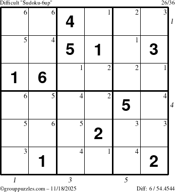 The grouppuzzles.com Difficult Sudoku-6up puzzle for Tuesday November 18, 2025 with all 6 steps marked