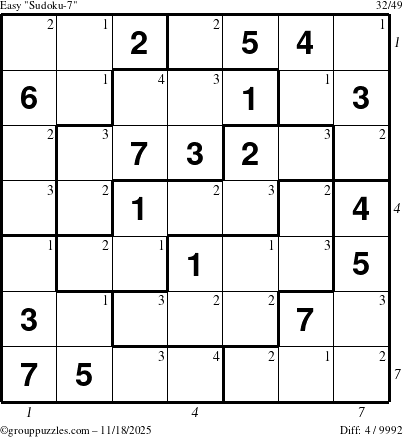 The grouppuzzles.com Easy Sudoku-7 puzzle for Tuesday November 18, 2025, suitable for printing, with all 4 steps marked