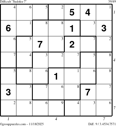 The grouppuzzles.com Difficult Sudoku-7 puzzle for Tuesday November 18, 2025 with all 9 steps marked