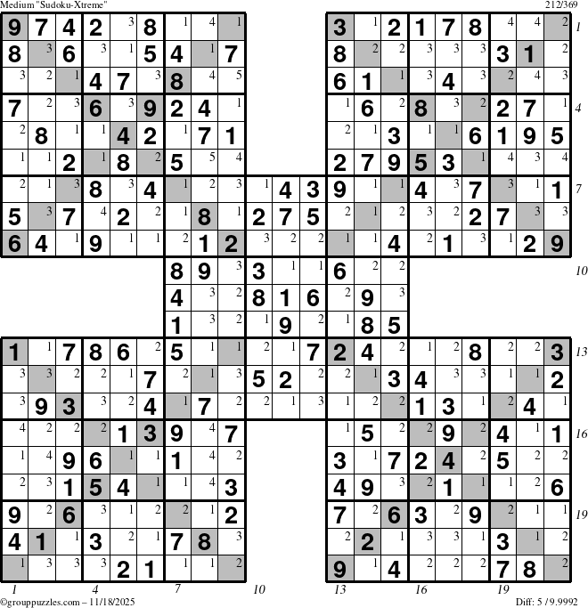 The grouppuzzles.com Medium Sudoku-Xtreme puzzle for Tuesday November 18, 2025 with all 5 steps marked