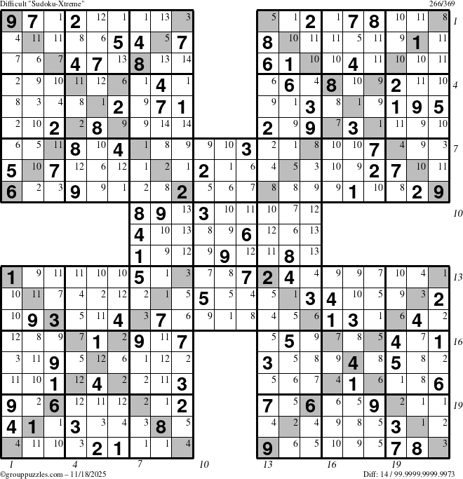 The grouppuzzles.com Difficult Sudoku-Xtreme puzzle for Tuesday November 18, 2025, suitable for printing, with all 14 steps marked