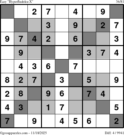 The grouppuzzles.com Easy HyperSudoku-X puzzle for Tuesday November 18, 2025