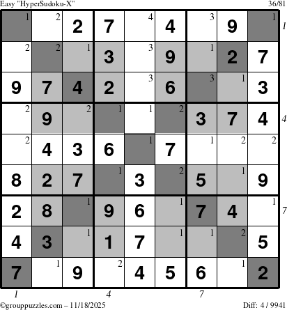 The grouppuzzles.com Easy HyperSudoku-X puzzle for Tuesday November 18, 2025, suitable for printing, with all 4 steps marked