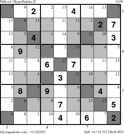 The grouppuzzles.com Difficult HyperSudoku-X puzzle for Tuesday November 18, 2025 with all 14 steps marked