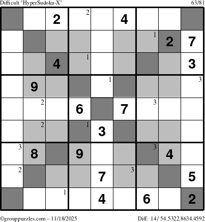 The grouppuzzles.com Difficult HyperSudoku-X puzzle for Tuesday November 18, 2025 with the first 3 steps marked