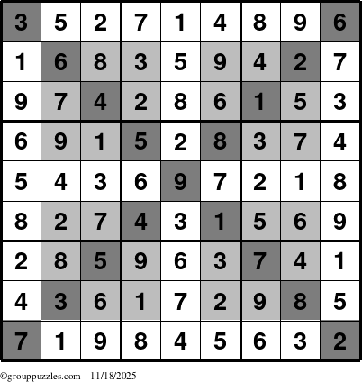 The grouppuzzles.com Answer grid for the HyperSudoku-X puzzle for Tuesday November 18, 2025