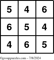 The grouppuzzles.com Answer grid for the TicTac-456 puzzle for Monday July 8, 2024