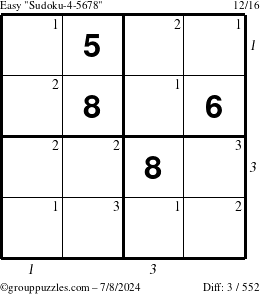 The grouppuzzles.com Easy Sudoku-4-5678 puzzle for Monday July 8, 2024 with all 3 steps marked