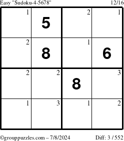 The grouppuzzles.com Easy Sudoku-4-5678 puzzle for Monday July 8, 2024 with the first 3 steps marked