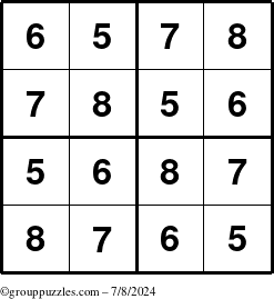 The grouppuzzles.com Answer grid for the Sudoku-4-5678 puzzle for Monday July 8, 2024