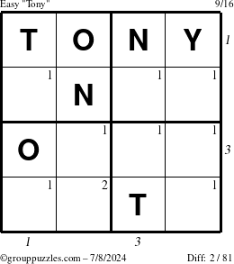 The grouppuzzles.com Easy Tony puzzle for Monday July 8, 2024 with all 2 steps marked