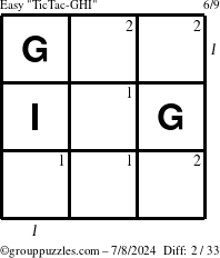 The grouppuzzles.com Easy TicTac-GHI puzzle for Monday July 8, 2024 with all 2 steps marked