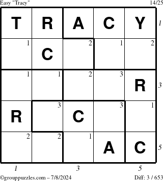 The grouppuzzles.com Easy Tracy puzzle for Monday July 8, 2024, suitable for printing, with all 3 steps marked