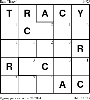 The grouppuzzles.com Easy Tracy puzzle for Monday July 8, 2024 with the first 3 steps marked