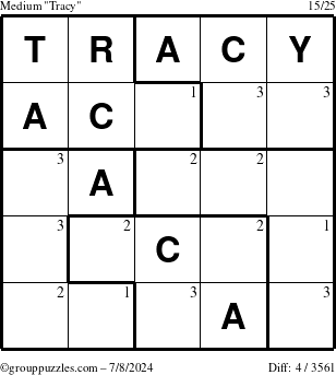 The grouppuzzles.com Medium Tracy puzzle for Monday July 8, 2024 with the first 3 steps marked